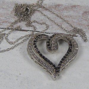Sterling Silver Open Double Heart Slider Pendant with Chain Black Thailand FAS